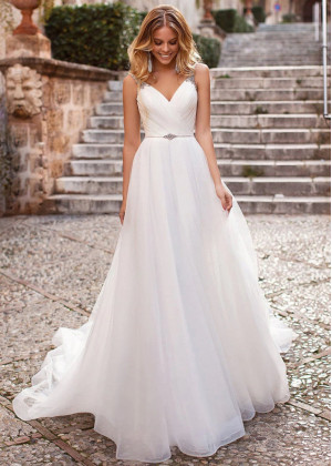 V Neck White Organza Backless Wedding Dress With Crystals